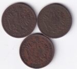Austrian Empire 1 Kreuzer of 1858 Three Different Mint Copper Coins Set - Image 2