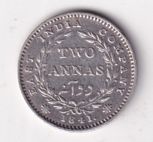 East India Company 1841 Two Annas Continuous Legend Silver Coin