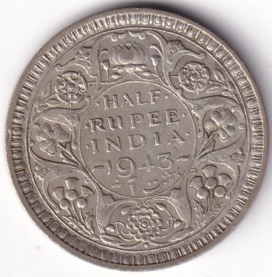 British India Half Rupee 1943 Bombay Mint Silver Coin