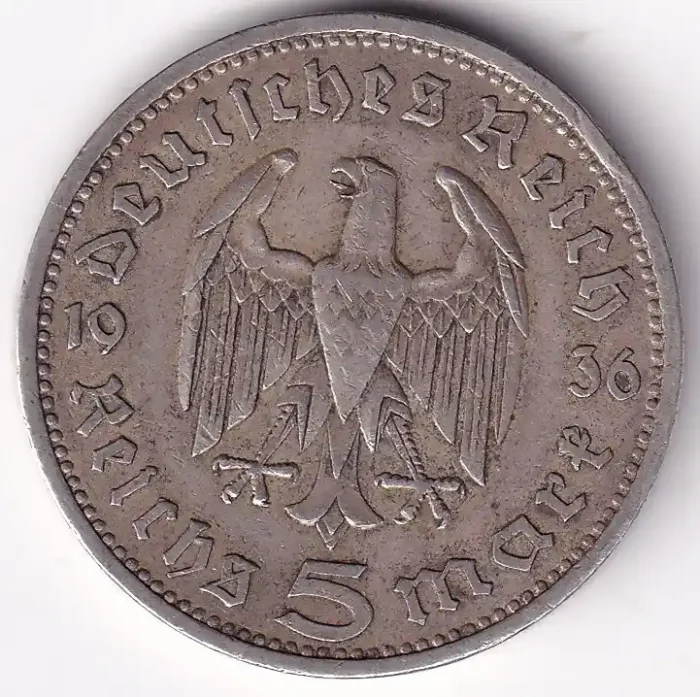 5 Reichsmark 1936 Paul von Hindenburg Silver Coin - Image 2