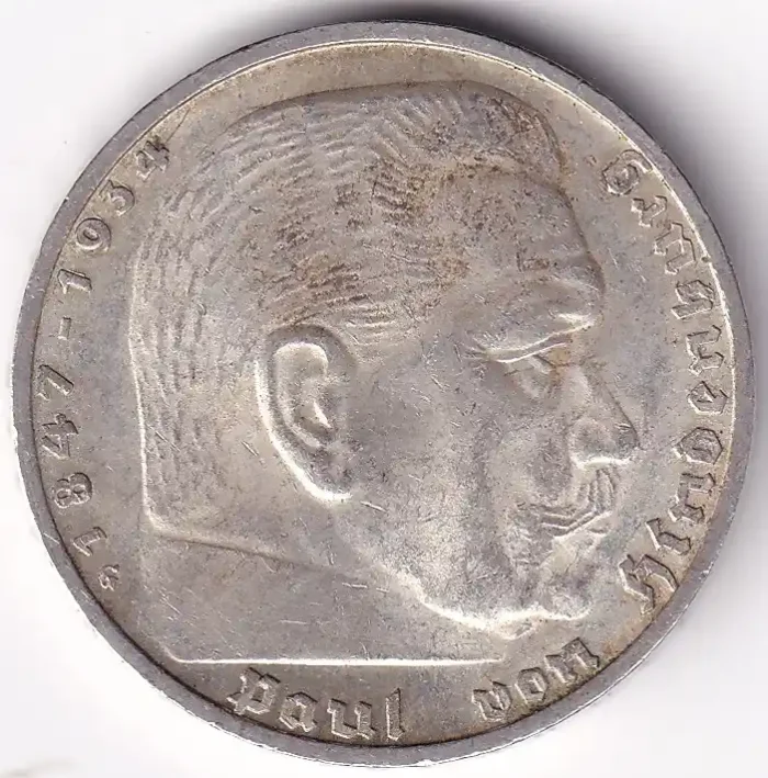 Germany 5 Reichsmark 1936 Paul von Hindenburg Silver Coin - Image 2
