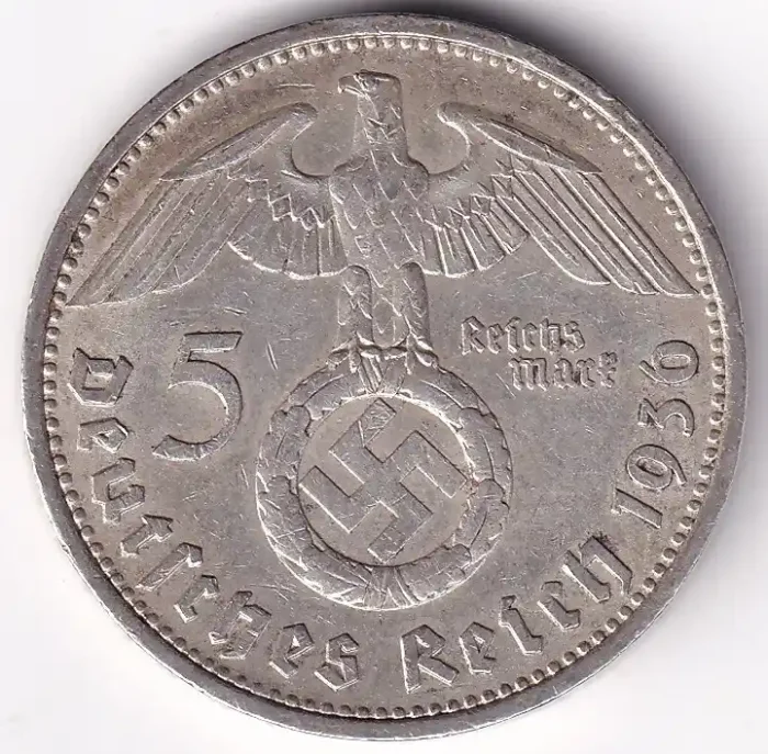 Germany 5 Reichsmark 1936 Paul von Hindenburg D Mark Silver Coin - Image 1
