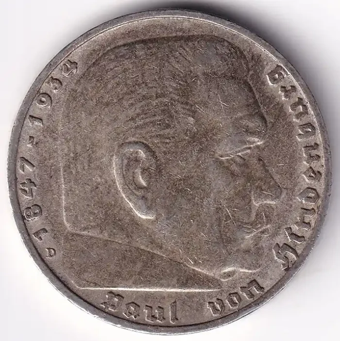 Germany 5 Reichsmark 1936 Paul von Hindenburg D Mark Silver Coin - Image 2