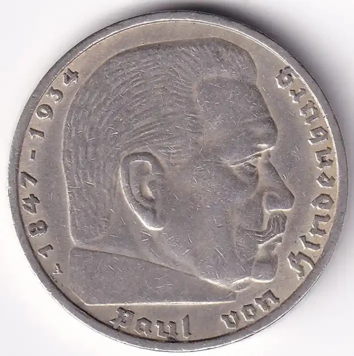 Germany 5 Reichsmark 1936 Paul von Hindenburg A Mark Silver Coin - Image 1