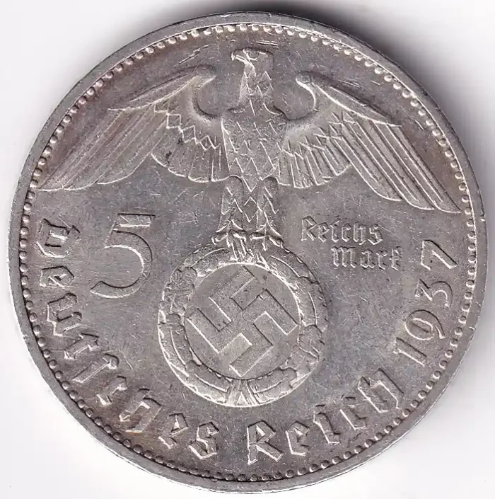 Germany 5 Reichsmark 1937 Paul von Hindenburg G Mark Silver Coin - Image 1