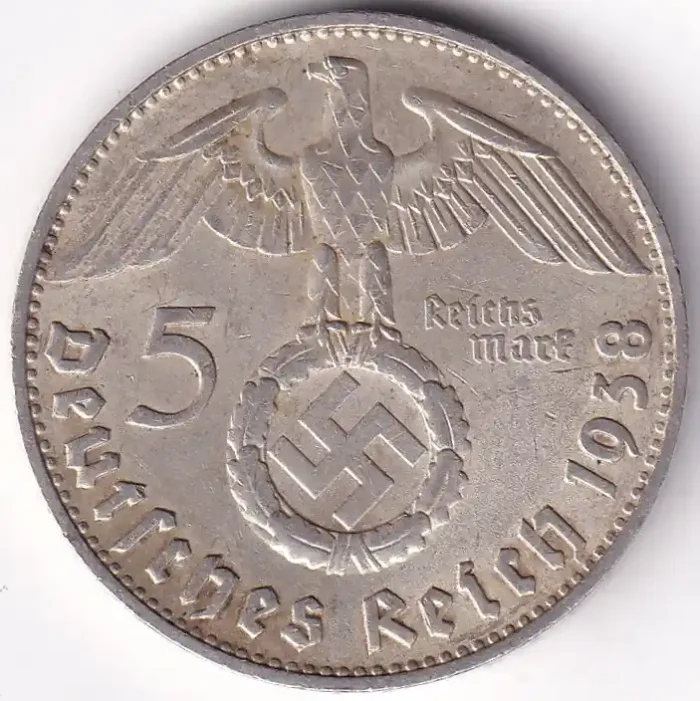 Germany 5 Reichsmark 1938 Paul von Hindenburg D Mark Silver Coin - Image 1