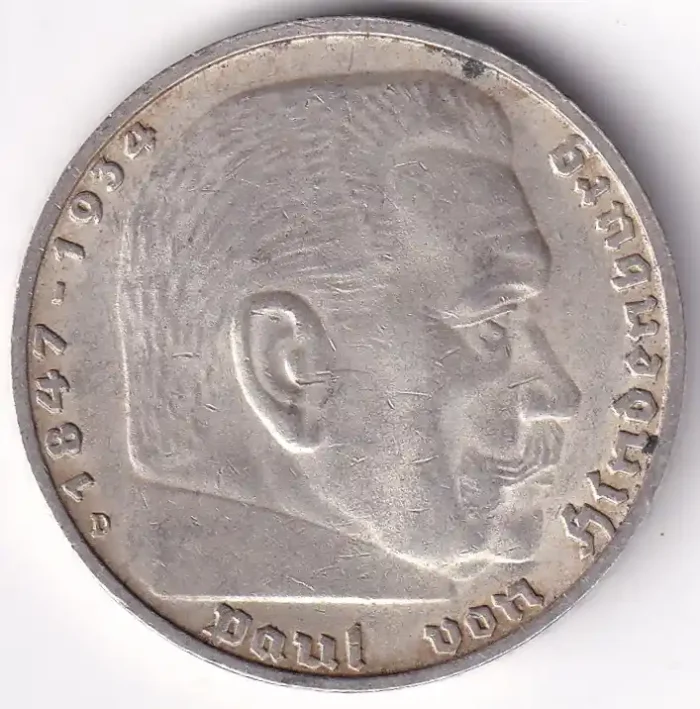 Germany 5 Reichsmark 1938 Paul von Hindenburg D Mark Silver Coin - Image 2