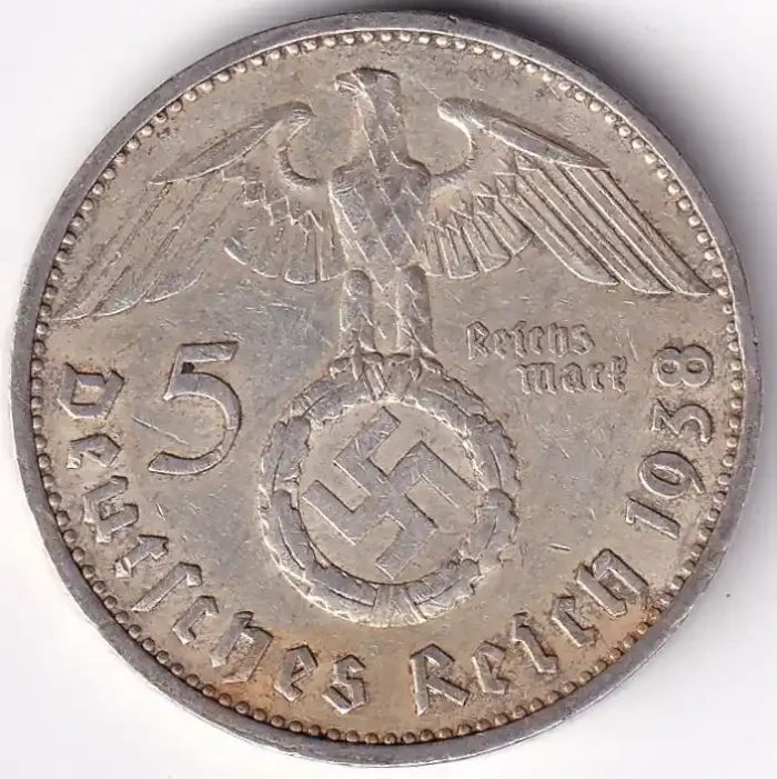 Germany 5 Reichsmark 1938 Paul von Hindenburg E Mark Silver Coin - Image 2