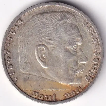 Germany 5 Reichsmark 1938 Paul von Hindenburg E Mark Silver Coin