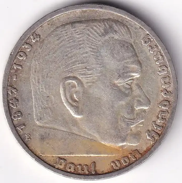 Germany 5 Reichsmark 1938 Paul von Hindenburg E Mark Silver Coin - Image 1