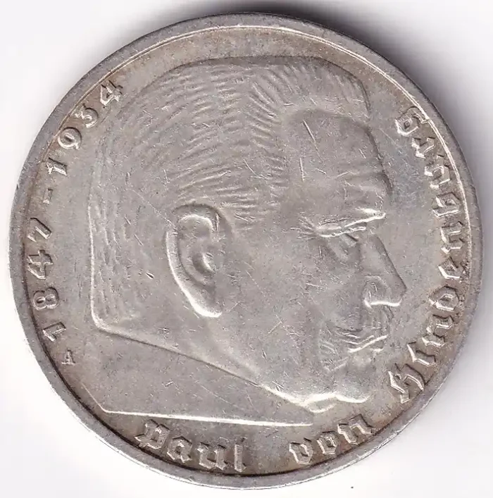 Germany 5 Reichsmark 1938 Paul von Hindenburg A Mark Silver Coin - Image 2