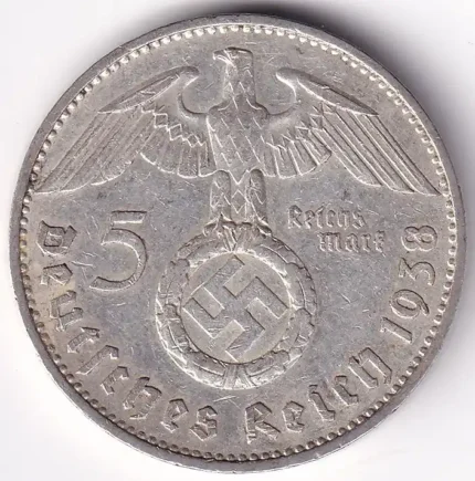 Germany 5 Reichsmark 1938 Paul von Hindenburg F Mark Silver Coin