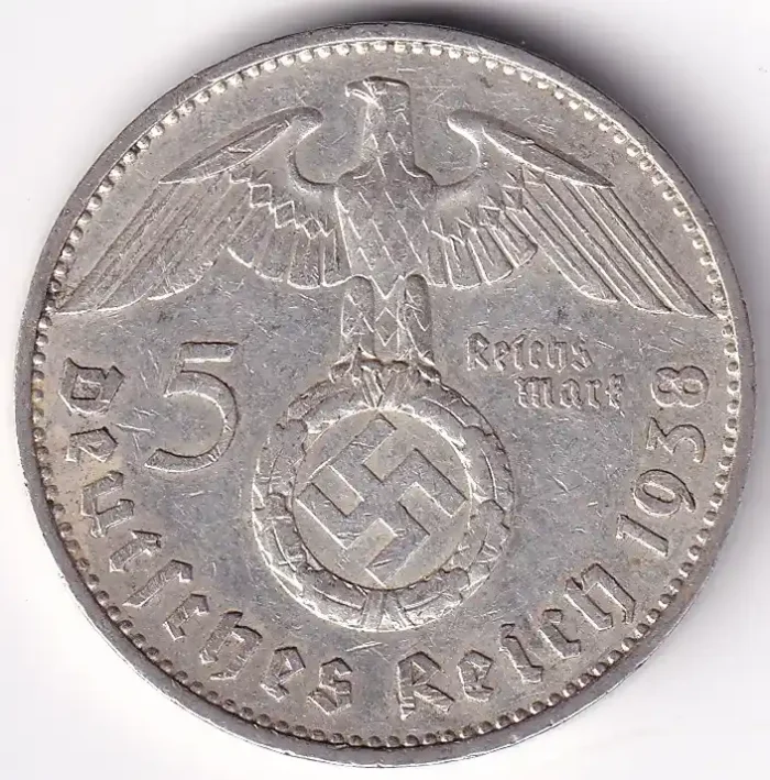 Germany 5 Reichsmark 1938 Paul von Hindenburg F Mark Silver Coin - Image 1