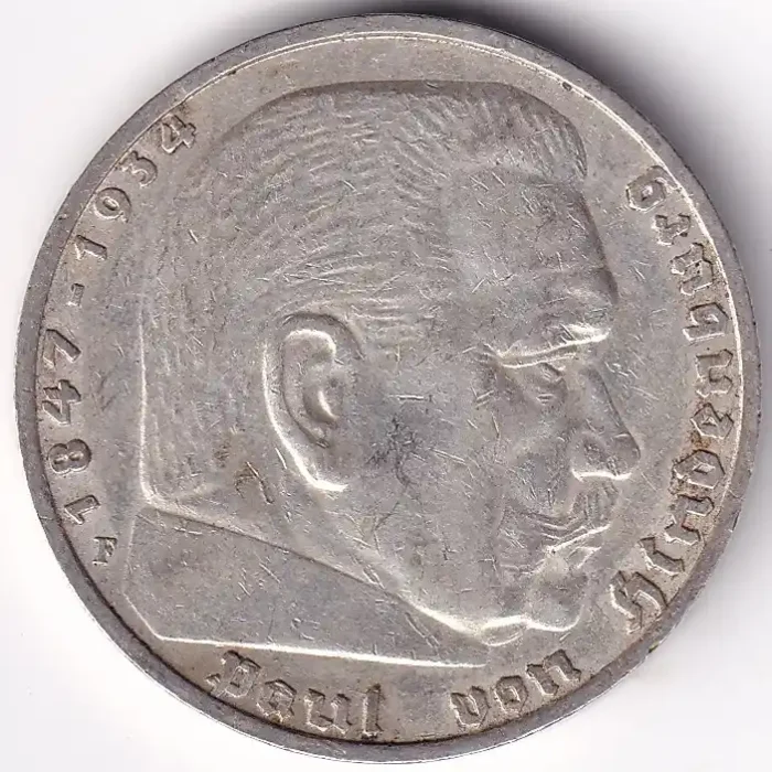 Germany 5 Reichsmark 1938 Paul von Hindenburg F Mark Silver Coin - Image 2