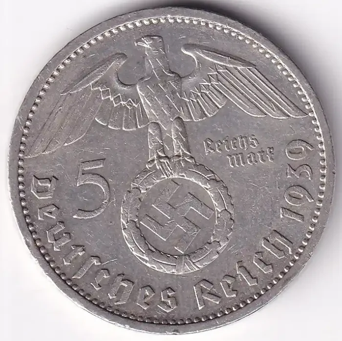 Germany 5 Reichsmark 1939 Paul von Hindenburg A Mark Silver Coin - Image 1