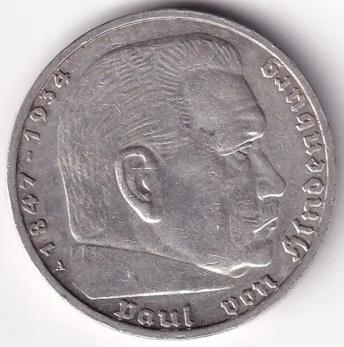 Germany 5 Reichsmark 1939 Paul von Hindenburg A Mark Silver Coin - Image 2