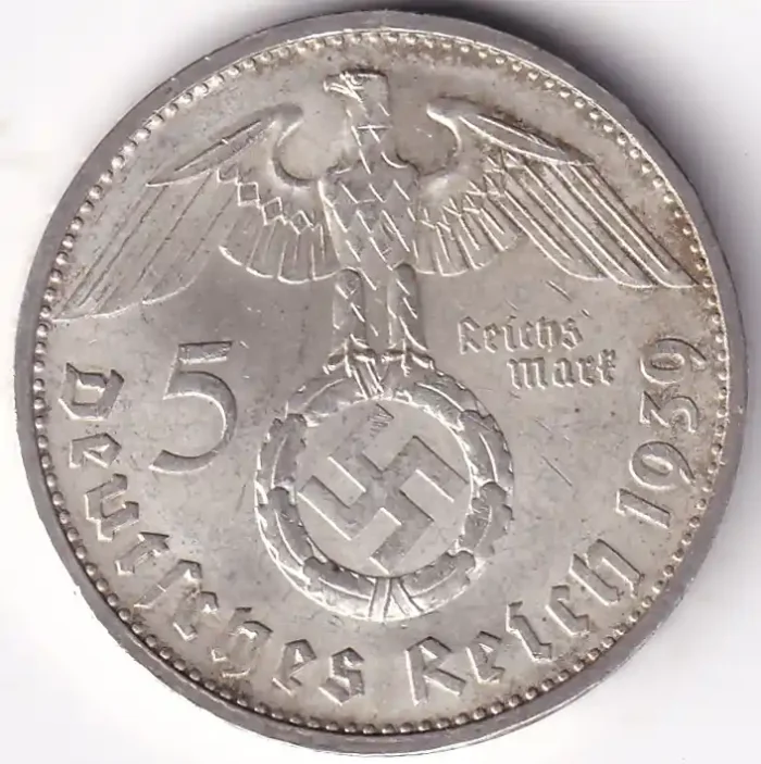 Germany 5 Reichsmark 1939 Paul von Hindenburg E Mark Silver Coin - Image 2