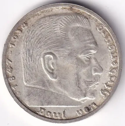 Germany 5 Reichsmark 1939 Paul von Hindenburg E Mark Silver Coin