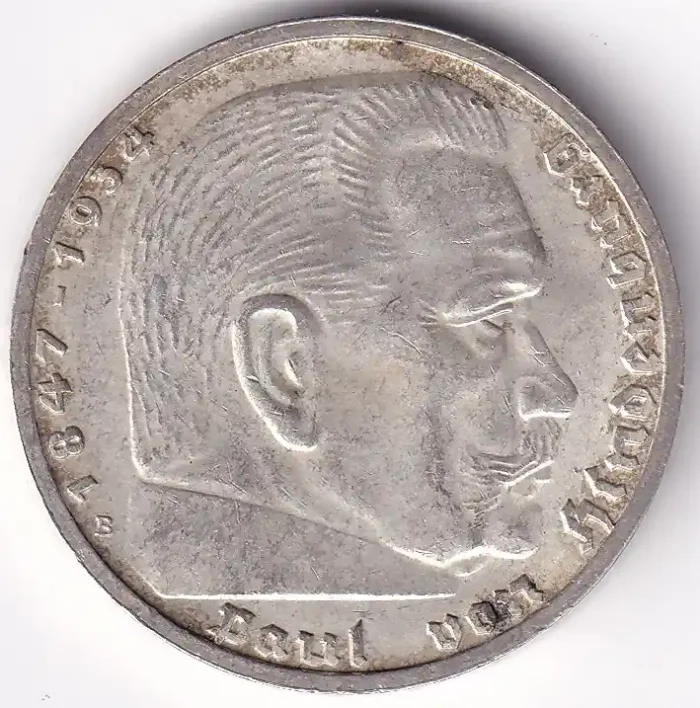 Germany 5 Reichsmark 1939 Paul von Hindenburg E Mark Silver Coin - Image 1