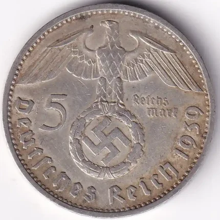 Germany 5 Reichsmark 1939 Paul von Hindenburg J Mark Silver Coin
