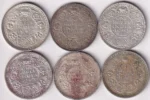 One Rupee 1940 to 1945 Six Different Years Bombay Mint Silver Coins Set
