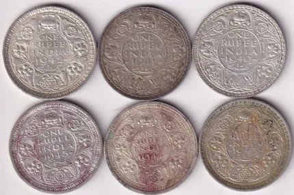 One Rupee 1940 to 1945 Six Different Years Bombay Mint Silver Coins Set