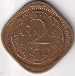 2 Annas of British India of 1944 Lahore Mint Nickel Brass Coin Sku44l01