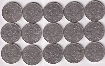 Canada 5 cents 15 different complete Years Set 1922 to 1936