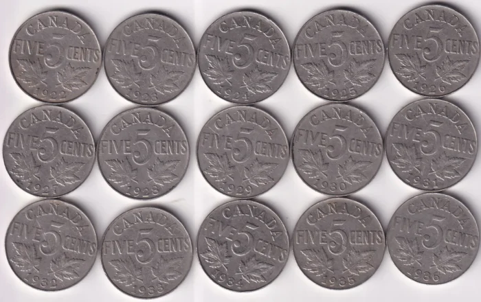 Canada 5 cents 15 different complete Years Set 1922 to 1936 - Image 1