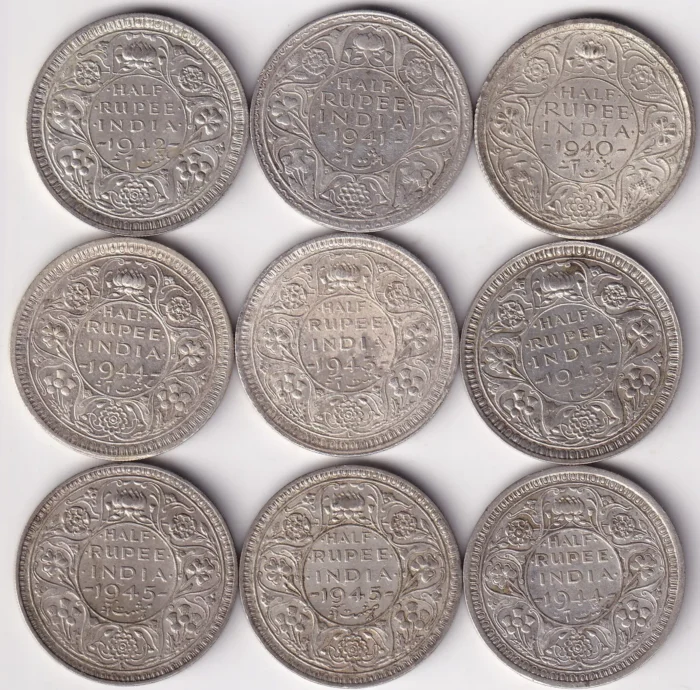 Half Rupee 1940 to 1945 Complete Set Mint Wise Silver Coins - Image 1