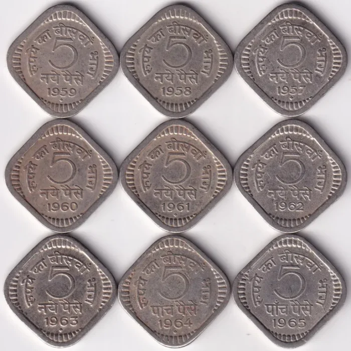 Vintage Indian 5 Naye Paise 1957-1965 Coins Collection - Image 1