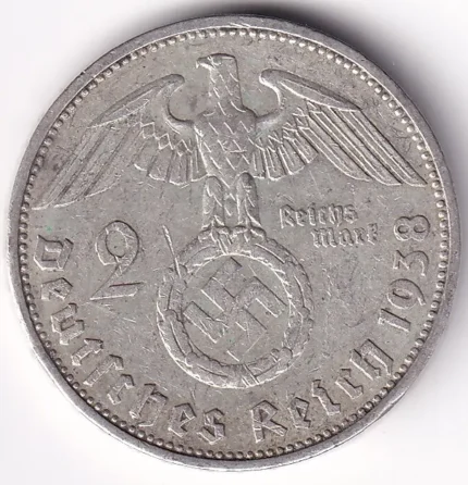 Germany 2 Reichsmark 1938 Paul von Hindenburg Silver Coin