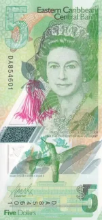 Eastern Caribbean 5 Dollars Polymer Unc Note Queen Elizabeth II