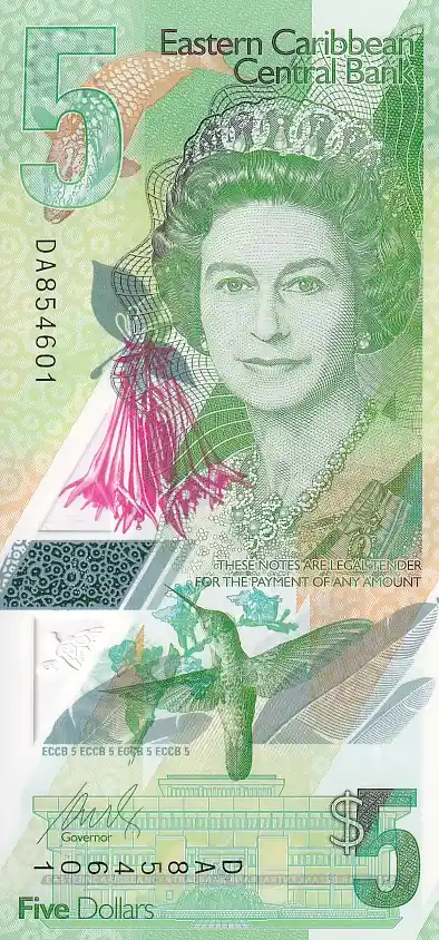 Eastern Caribbean 5 Dollars Polymer Unc Note Queen Elizabeth II