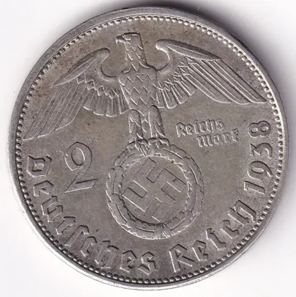 Germany 2 Reichsmark 1938 Paul von Hindenburg B Mark Silver Coin