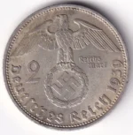 Germany 2 Reichsmark 1939 Paul von Hindenburg Silver Coin