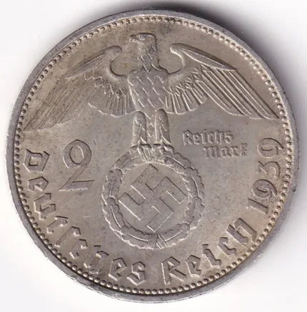 Germany 2 Reichsmark 1939 Paul von Hindenburg Silver Coin