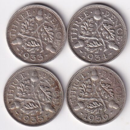 British George V Silver Threepence Coins (1933–1936) Set of 4 Coins