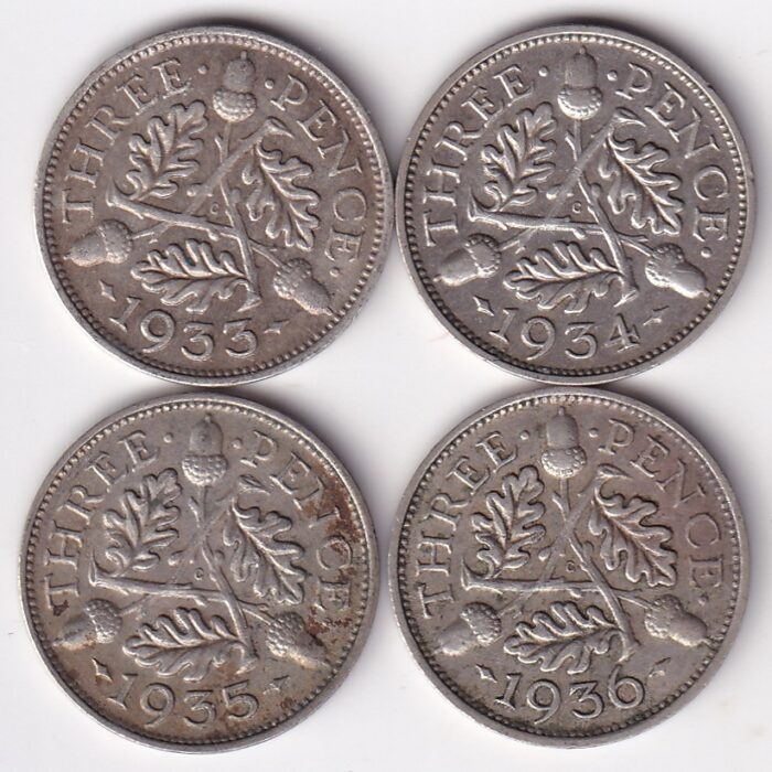 British George V Silver Threepence Coins (1933–1936) Set of 4 Coins - Image 1