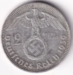 Germany 2 Reichsmark 1939 Paul von Hindenburg Berlin Mint Silver Coin