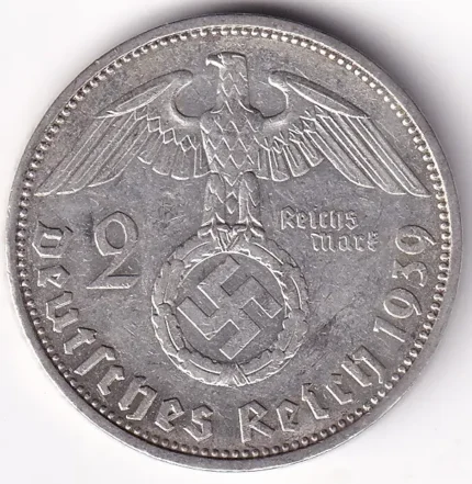 Germany 2 Reichsmark 1939 Paul von Hindenburg Berlin Mint Silver Coin
