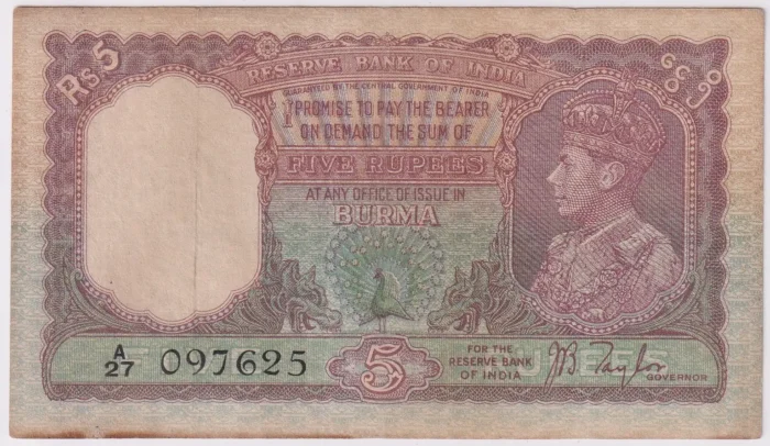 Burma 5 Rupees 1938 King George VI Signed by J B Taylor Note - Image 1