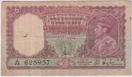 Burma Five Rupees 1938 Signed by J B Taylor Note