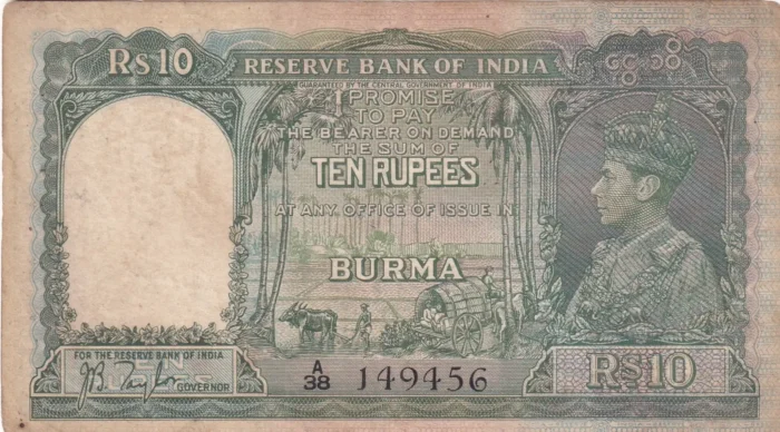 10 Rupees Signed by J B Taylor Burma Issue Note - Image 1