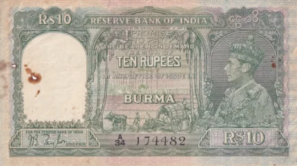 Ten Rupees 1938 Signed by J B Taylor Burma Issue Note