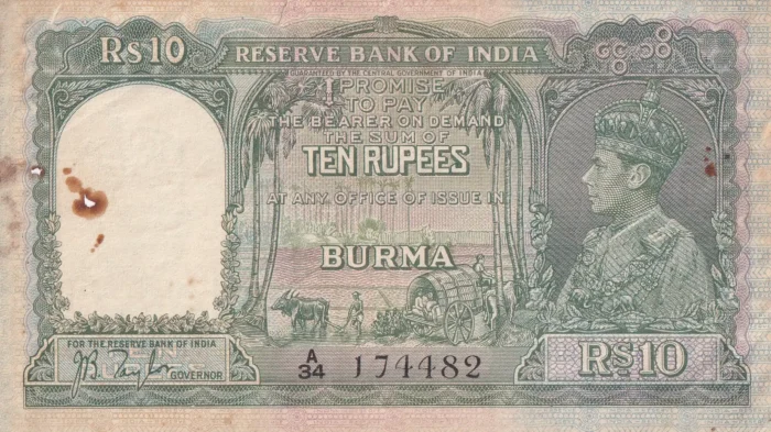 Ten Rupees 1938 Signed by J B Taylor Burma Issue Note - Image 1