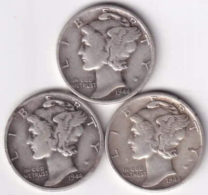 Three Different Mint 1 Dime of 1944 of United States Silver Coins