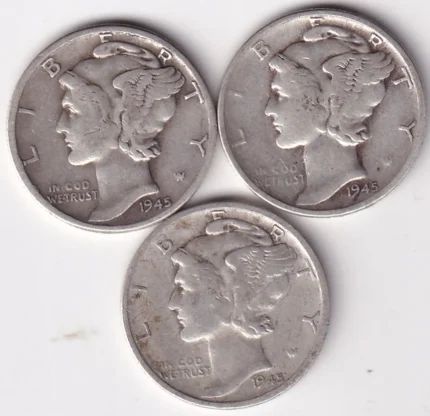 Three Different Mint 1 Dime of 1945 of United States Silver Coins