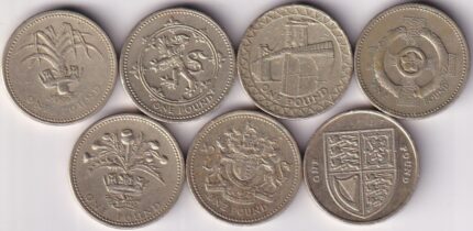 United Kingdom 1 Pound Seven Different Nickel Brass Coins Collection