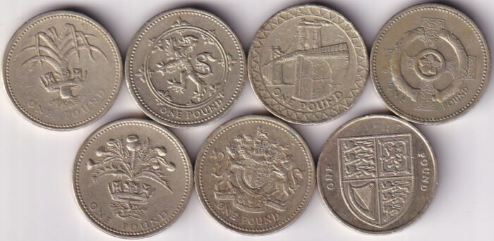 United Kingdom 1 Pound Seven Different Nickel Brass Coins Collection - Image 1